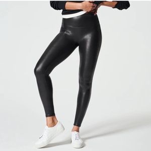 NWT SPANX high waisted coated faux leather black leggings size small